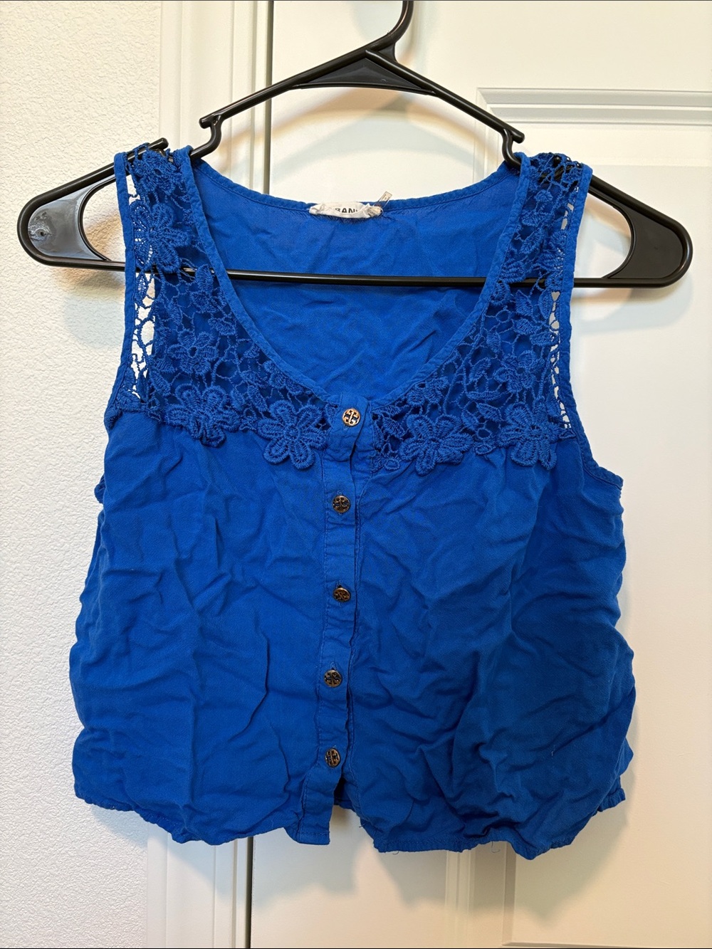 Women's Blue Crochet-Trim Button Front Crop Tank Top